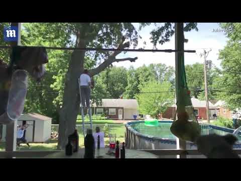 شاهد رجل يتعرض لموقف محرج عند قطع فرع شجرة