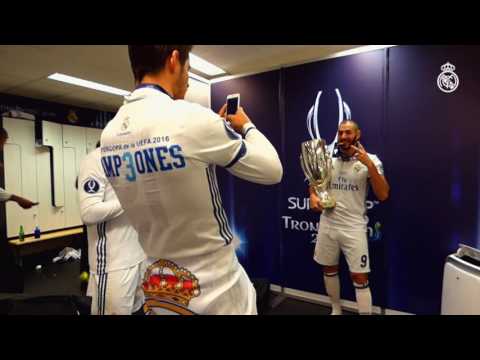 بالفيديو احتفالات ريال مدريد في كأس السوبر الأوروبي من غرفة الملابس